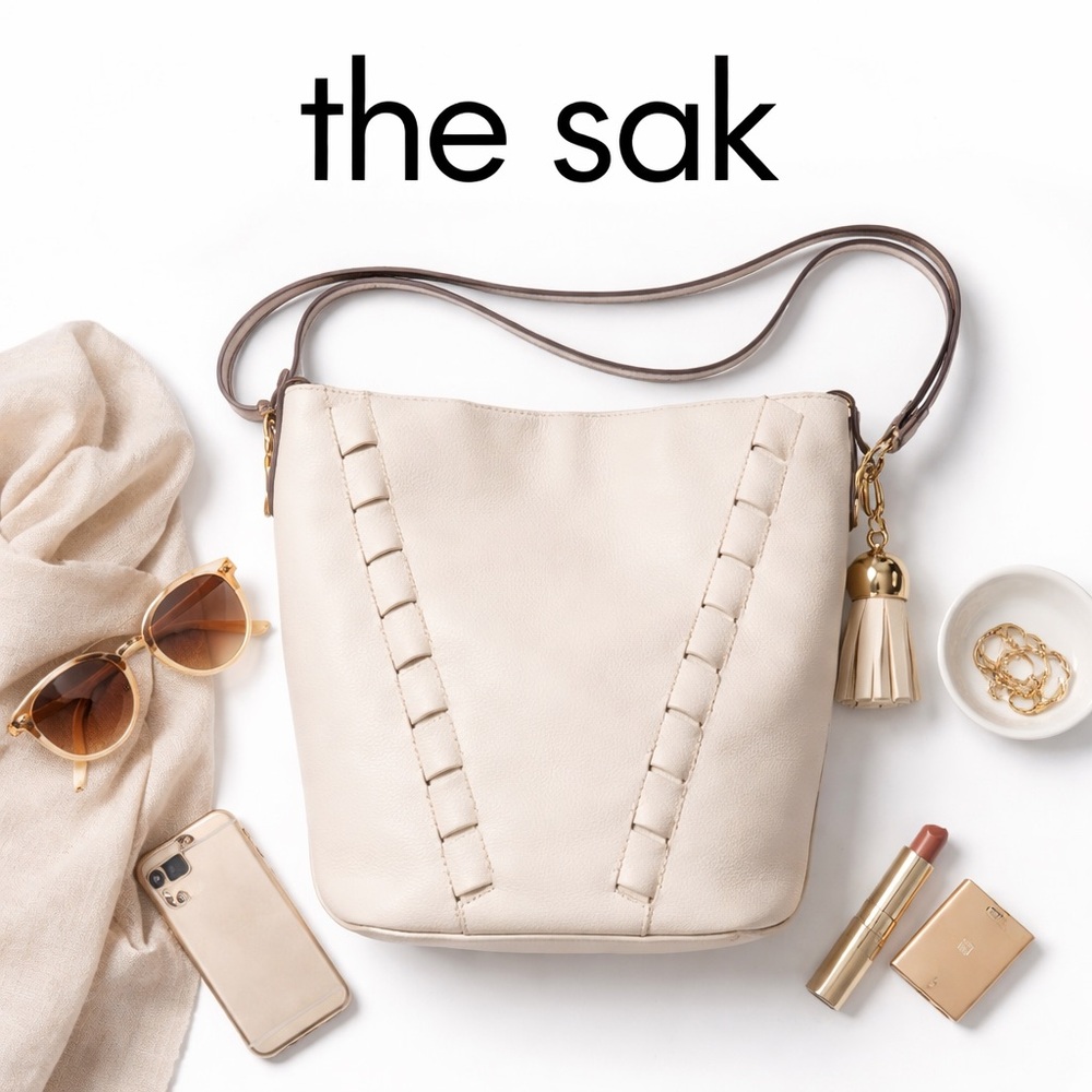 The Sak Cream Leather Bucket Bag Tassel Shoulder Bag Boho Minimalist - Picture 3 of 13